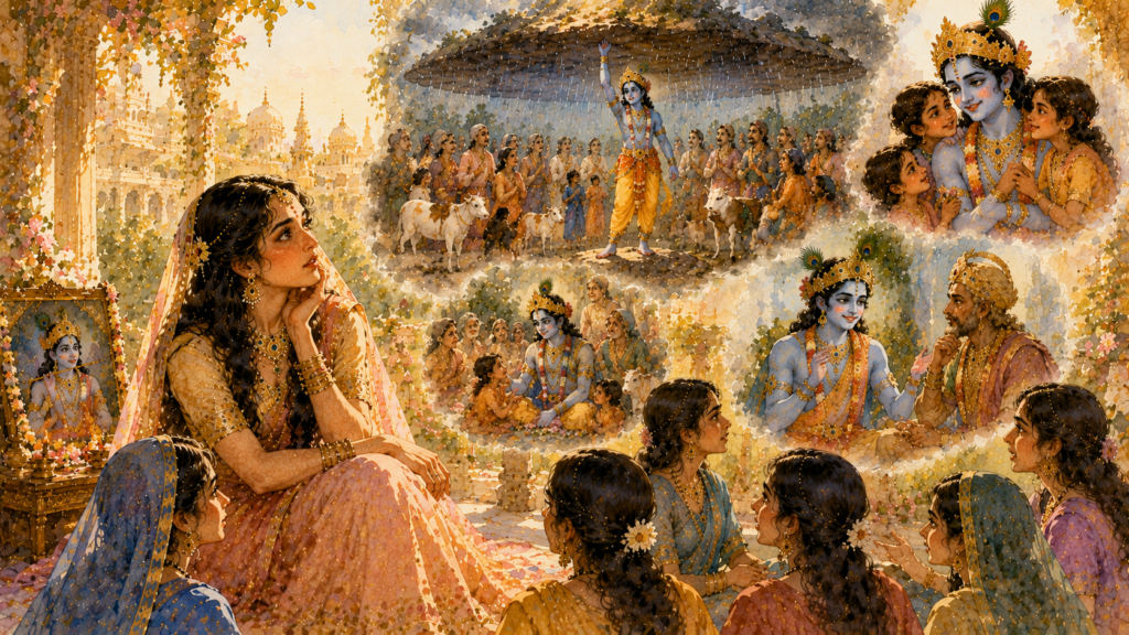 Rukmini hearing about the tales of Krishna and day dreaming about him