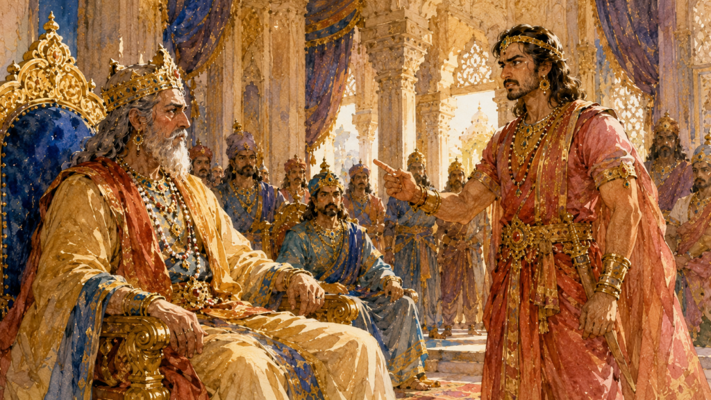 Rukmi standing before his father Bhishmaka who sits on the throne with an expression of quiet resignation
