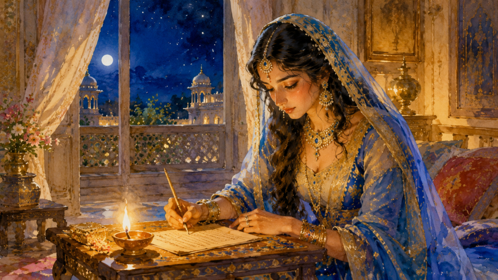 A young princess Rukmini seated alone by lamplight in her private chambers late at night