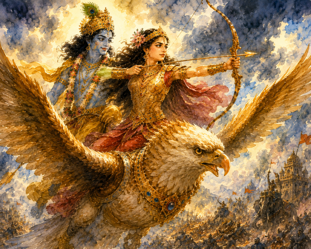 Queen Satyabhama With Krishna on Garuda