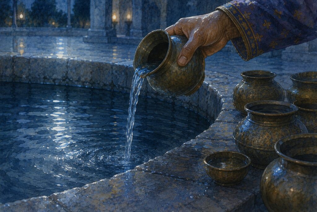 Hand pouring water into stone tank
