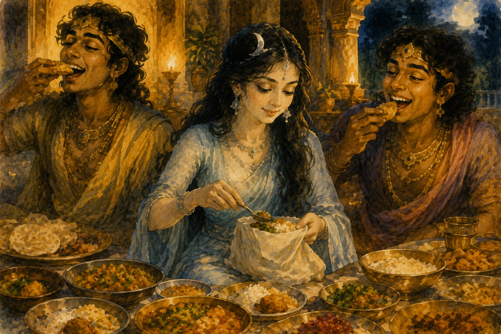 A gentle young woman representing the Moon quietly sets aside food into a cloth bundle while her two brothers enjoy a grand feast.
