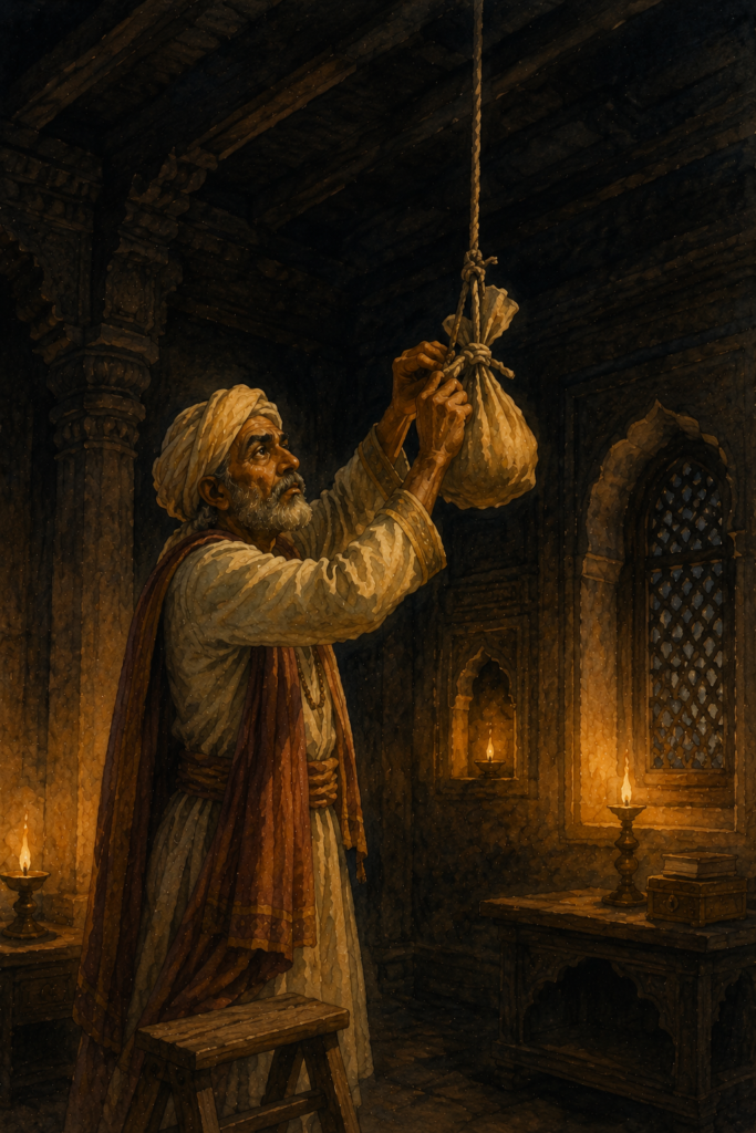 A wise Indian minister carefully tying a cloth bundle to a rope hanging high from the ceiling of a dark palace chamber, working by candlelight as the bundle disappears into the shadows above. An indian folk tale