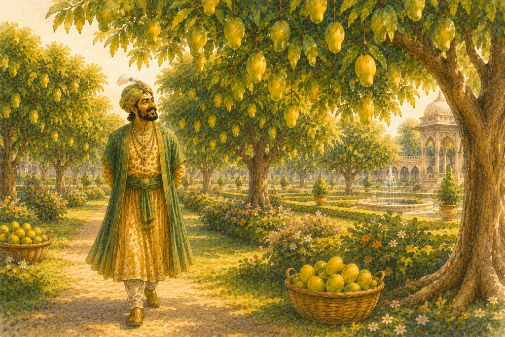 Lush mango orchard flourishing with ripe fruit as Birbal walks among the trees with quiet satisfaction.