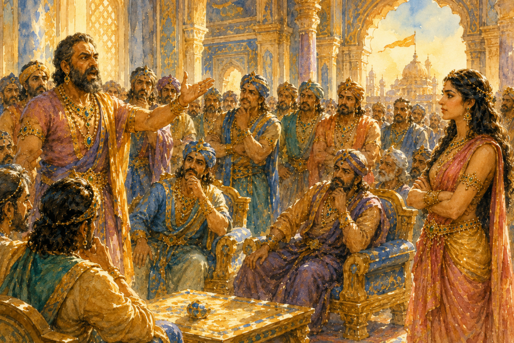 A tense court scene in Dwarka — Satrajit standing before assembled courtiers making his accusation against Krishna, Satyabhama watching