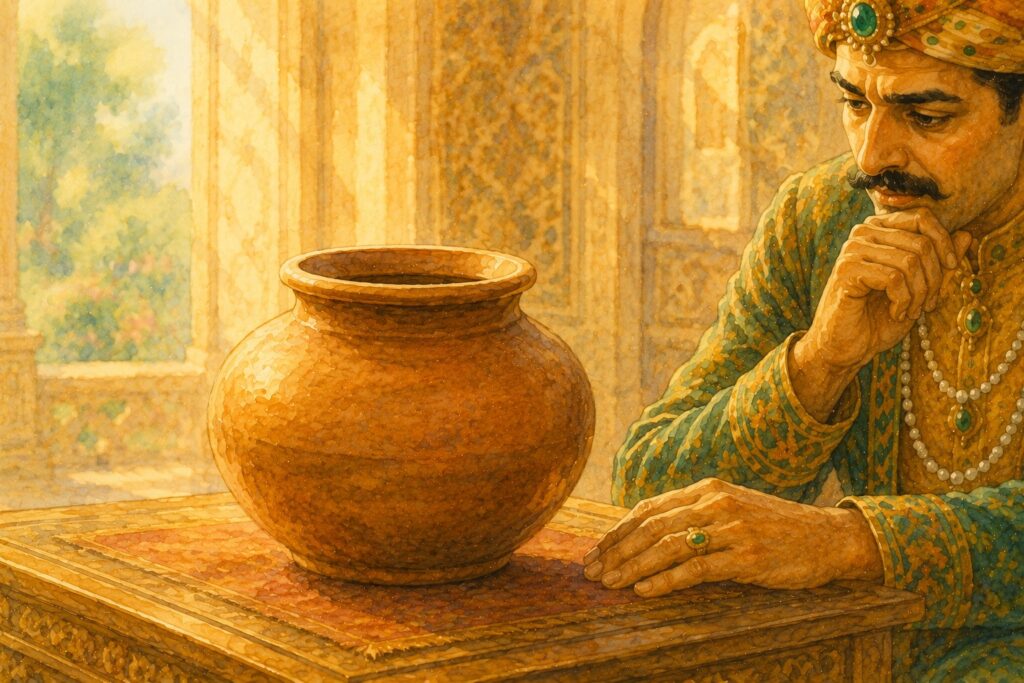 Birbal presenting empty clay pot to Akbar