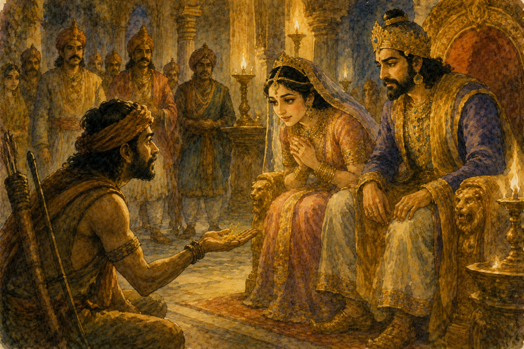 A humble hunter kneels before an Indian king and queen, offering a few golden hairs as the queen recognizes the story from her dream in a lamp-lit royal court.