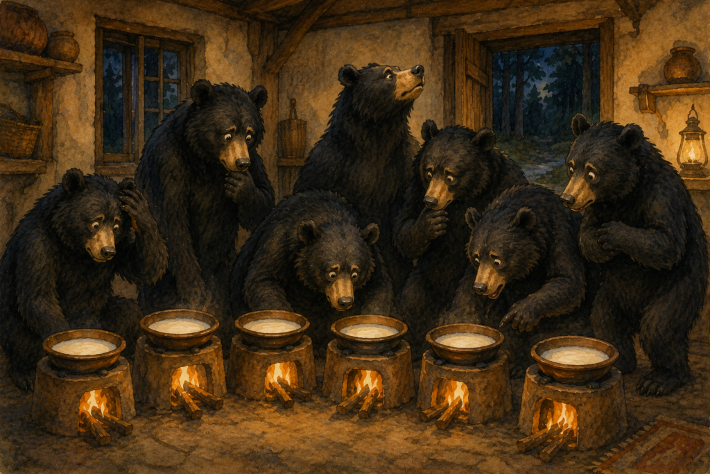 Seven black bears gather around their clay stoves, puzzled to find the cream missing from their pans of milk inside a cozy forest house. Indian folk tale