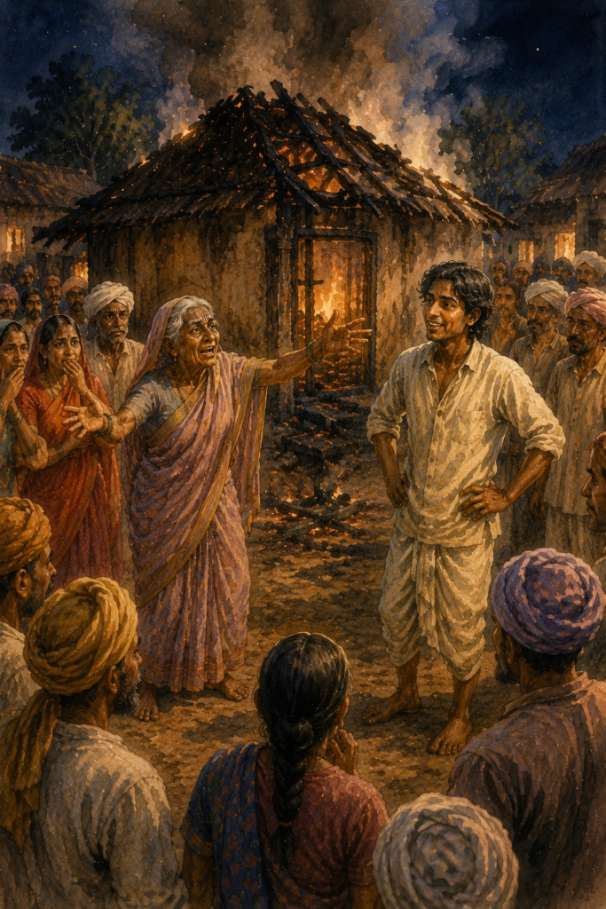 A village crowd gathered around a partly burned thatched house at night as an old woman gestures dramatically in distress while a young man stands nearby with an innocent expression.