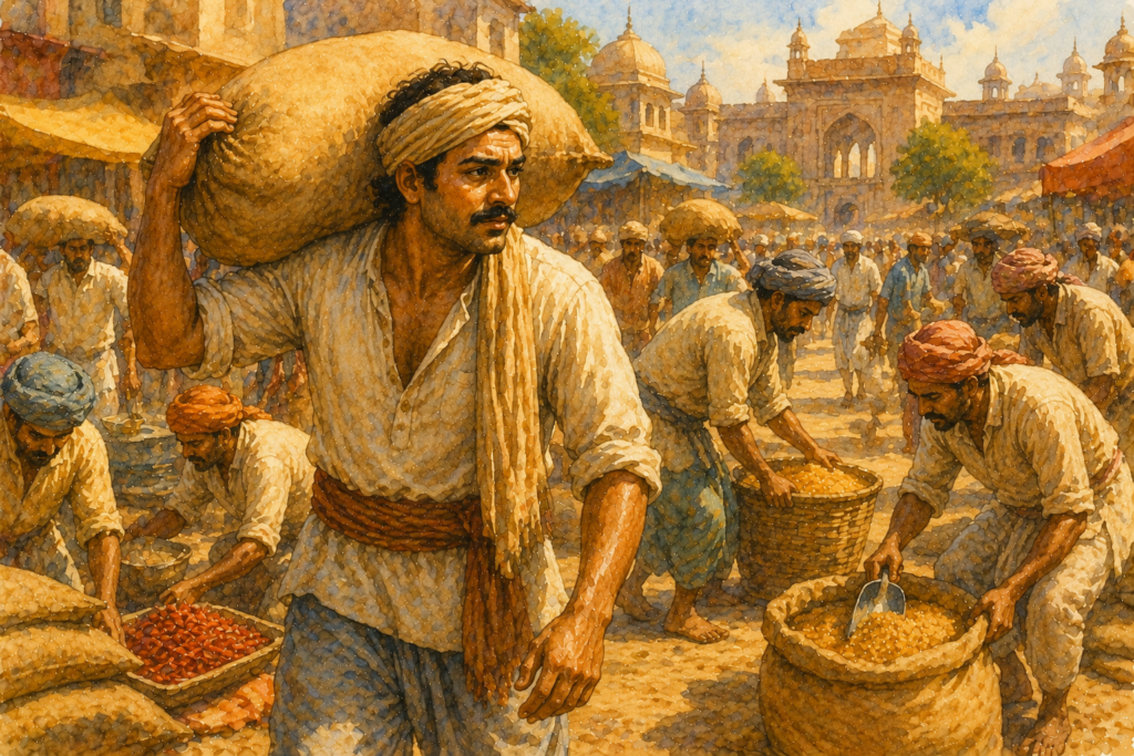 A king in simple worker's clothing carrying a heavy sack through a busy marketplace at midday, labourers working around him unaware of his true identity.