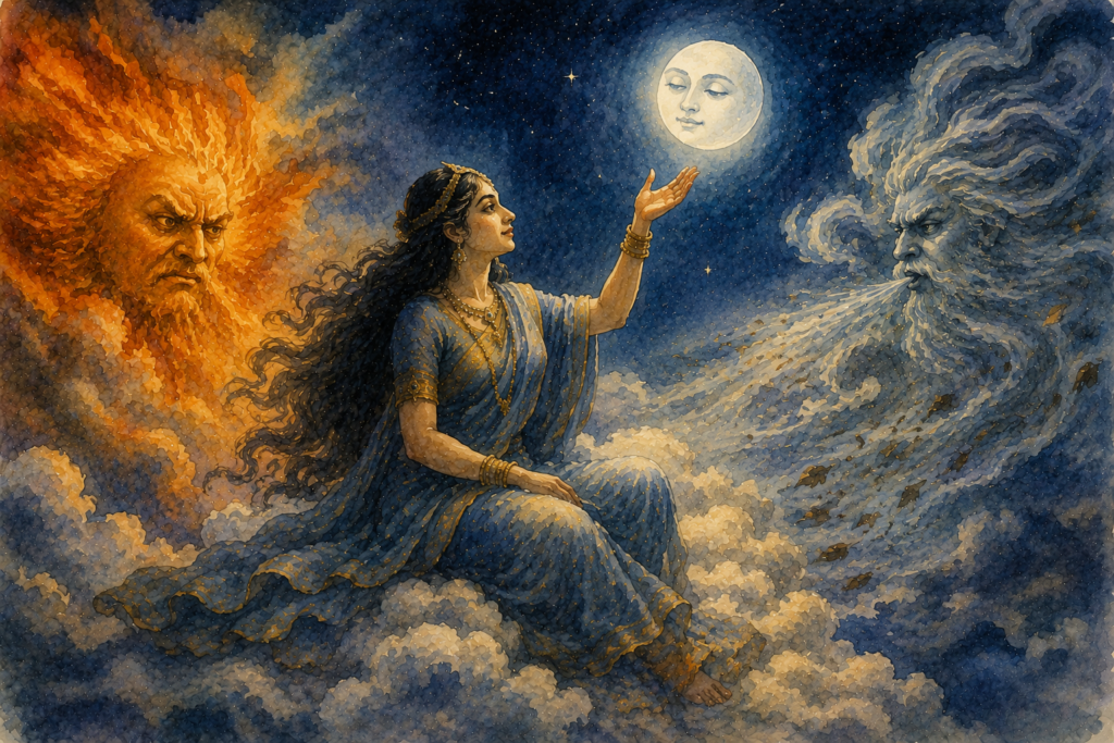 The sky goddess raises her hand in blessing toward the glowing moon while the fierce sun and turbulent wind drift away beneath a deep indigo night sky.