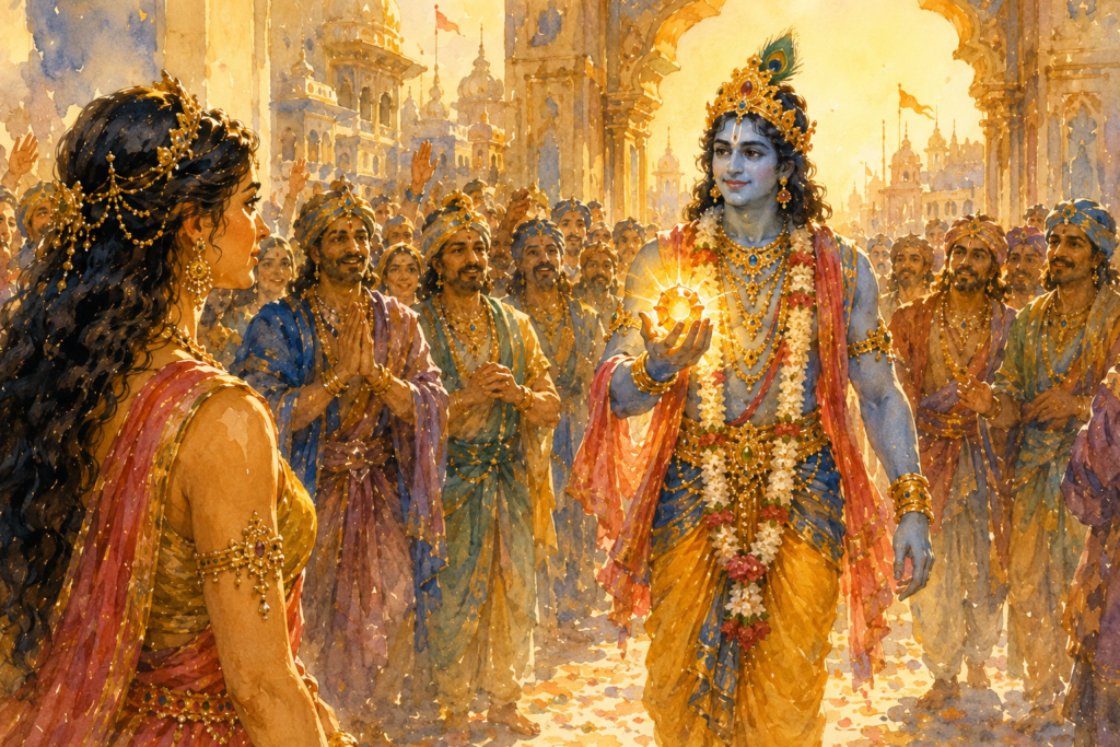 Krishna walking through the city gates of Dwarka with the Syamantaka jewel glowing in his hand 