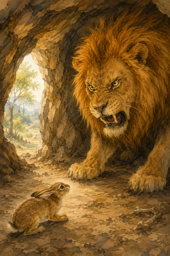 Hare speaking to furious lion