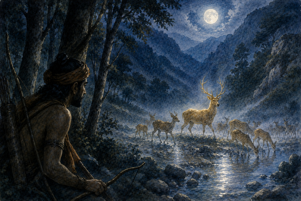 A lone hunter watches a golden stag and its herd beside a silver stream, his expression filled with wonder instead of triumph.
