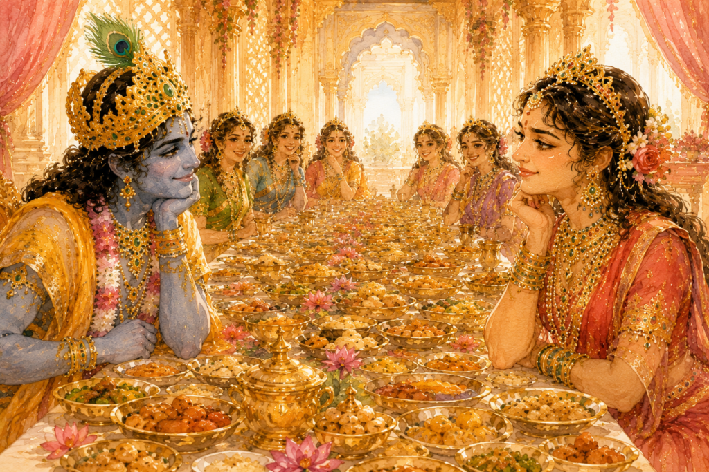Krishna showing Satyabhama how much he loves her 