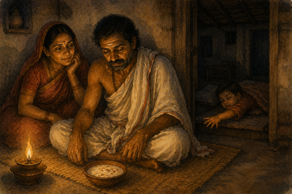A tired Brahmin sits beside a bowl of kheer as his wife watches tenderly while a sleepy child reaches out from the shadows of their humble village home. Indian folk tale