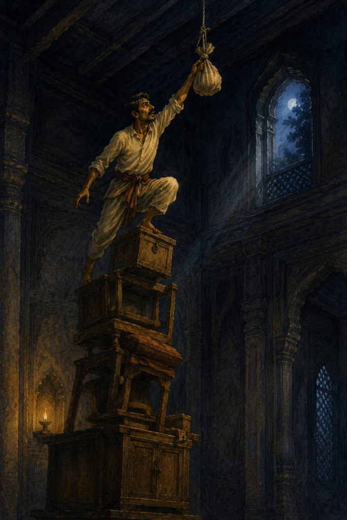 A determined man balancing on a stack of furniture in a dark palace room at night, reaching triumphantly for a cloth bundle hanging from the ceiling as moonlight streams through a high window.
