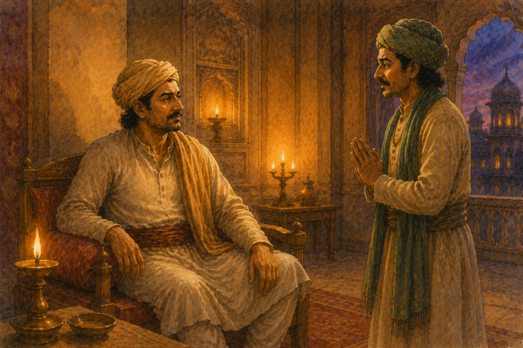 An Indian king sitting thoughtfully in a dim palace chamber while his minister stands respectfully before him, warm candlelight illuminating a moment of quiet realization.