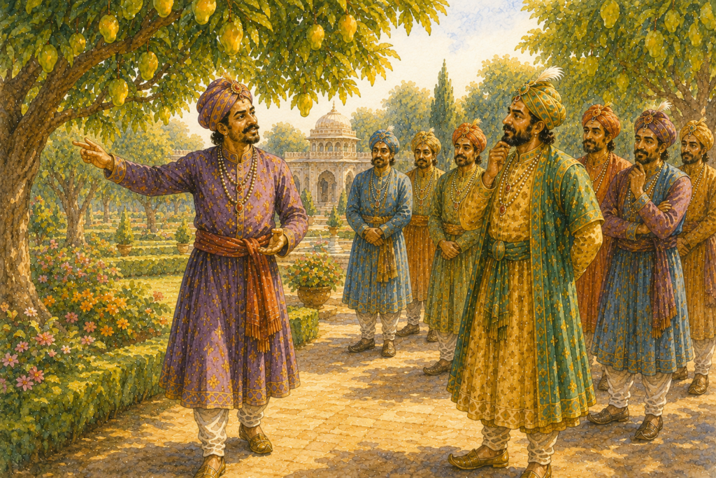 Birbal points toward a section of the mango orchard while speaking to Akbar as courtiers look uncomfortable.