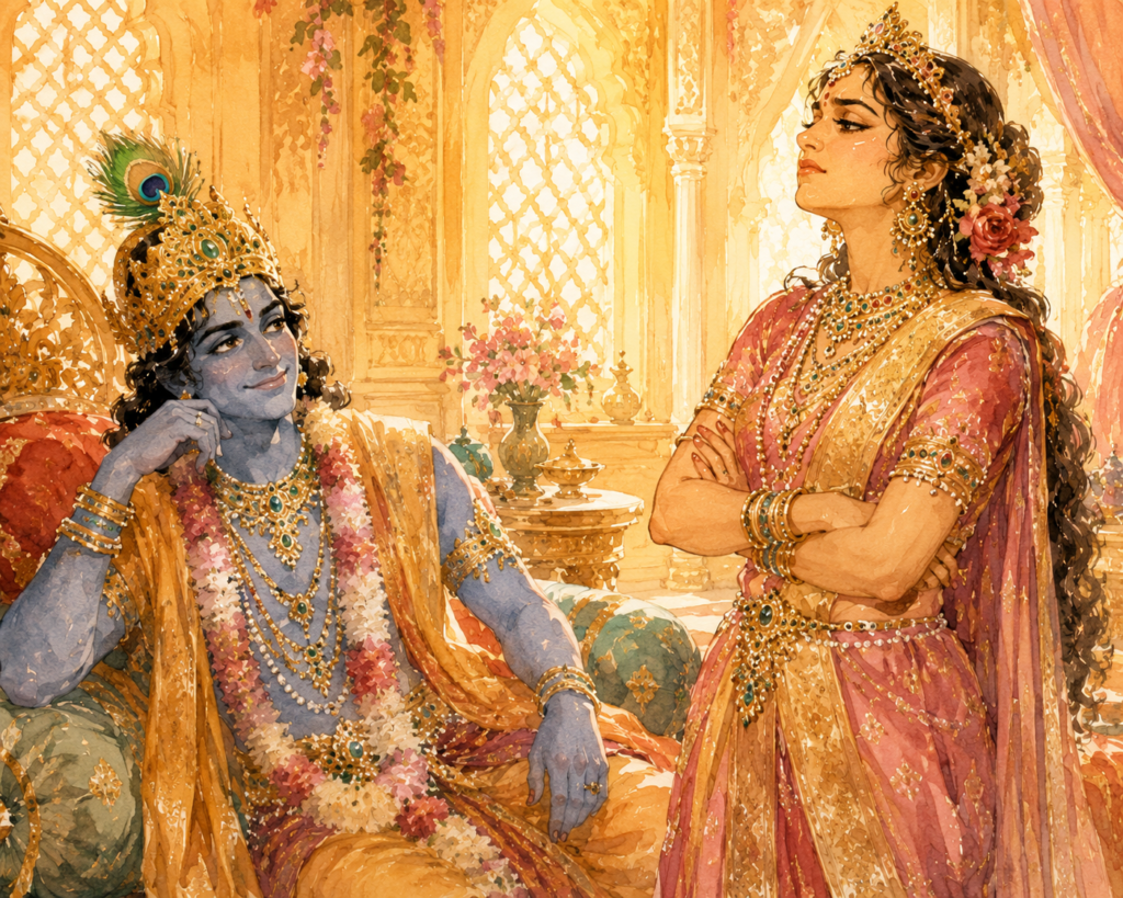 Krishna and Satyabhama in their chambers 