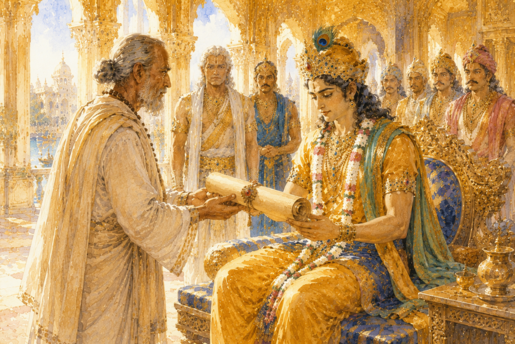Krishna in the royal hall of Dwarka — seated on a low golden throne