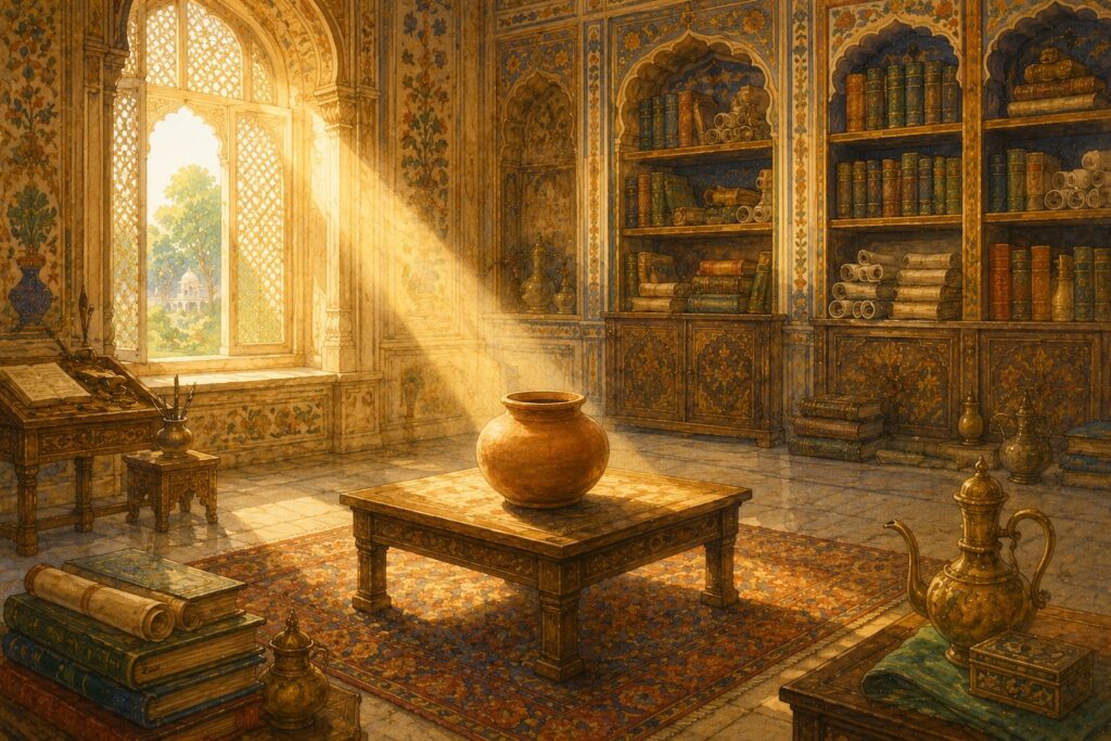 Clay pot in Mughal study room