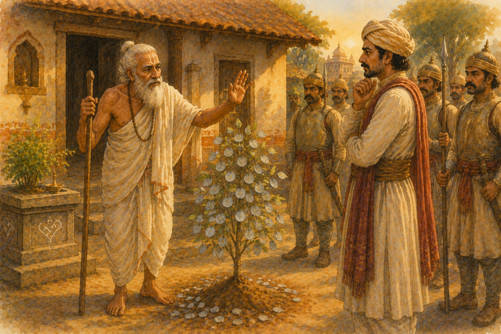 An elderly Brahmin standing protectively before a small tree bearing silver coins instead of leaves, calmly speaking to a king and his soldiers in a modest courtyard.