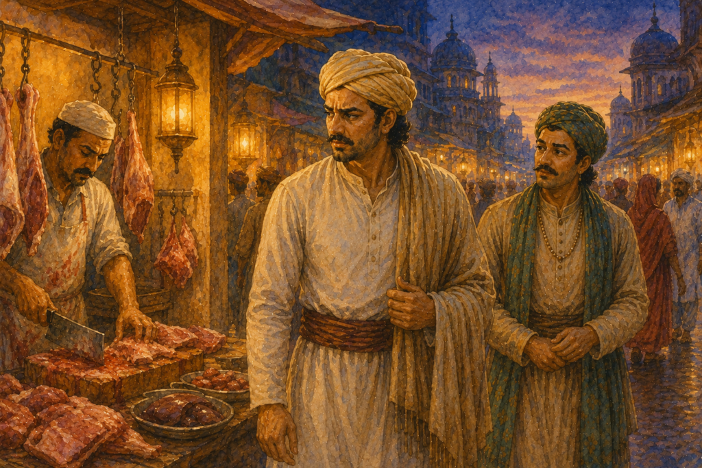 A disguised king standing in a crowded marketplace watching a butcher at work, his expression hardening as his minister observes quietly behind him.