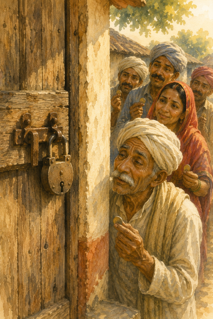 A weathered wooden door with an old iron lock while a respectful queue of villagers holding coins waits nearby, believing it holds a special secret.