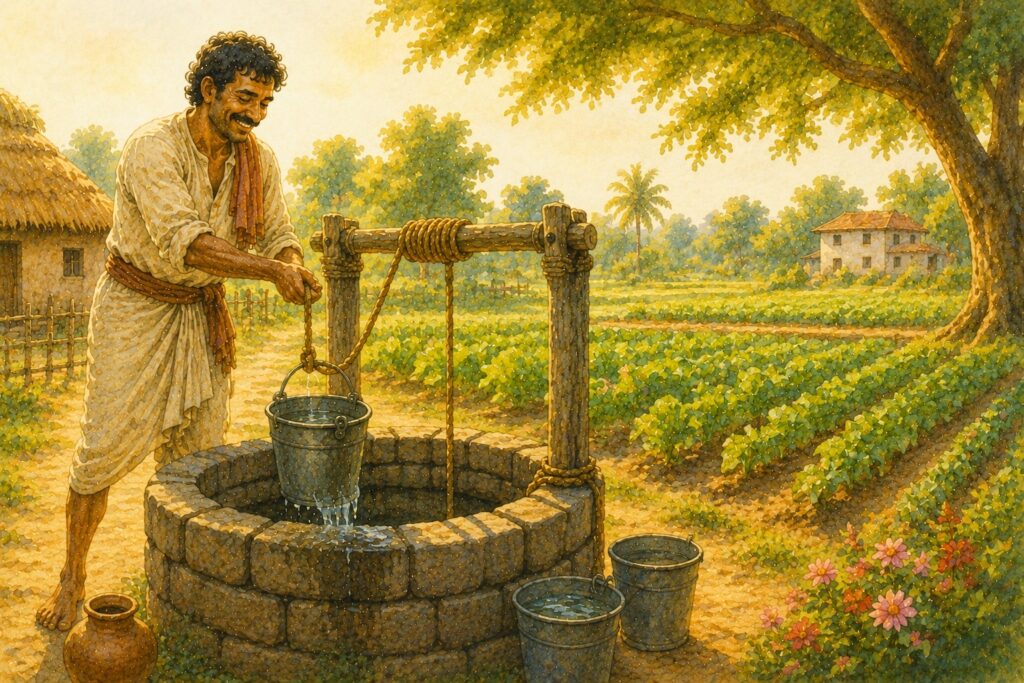 Farmer drawing water from village well