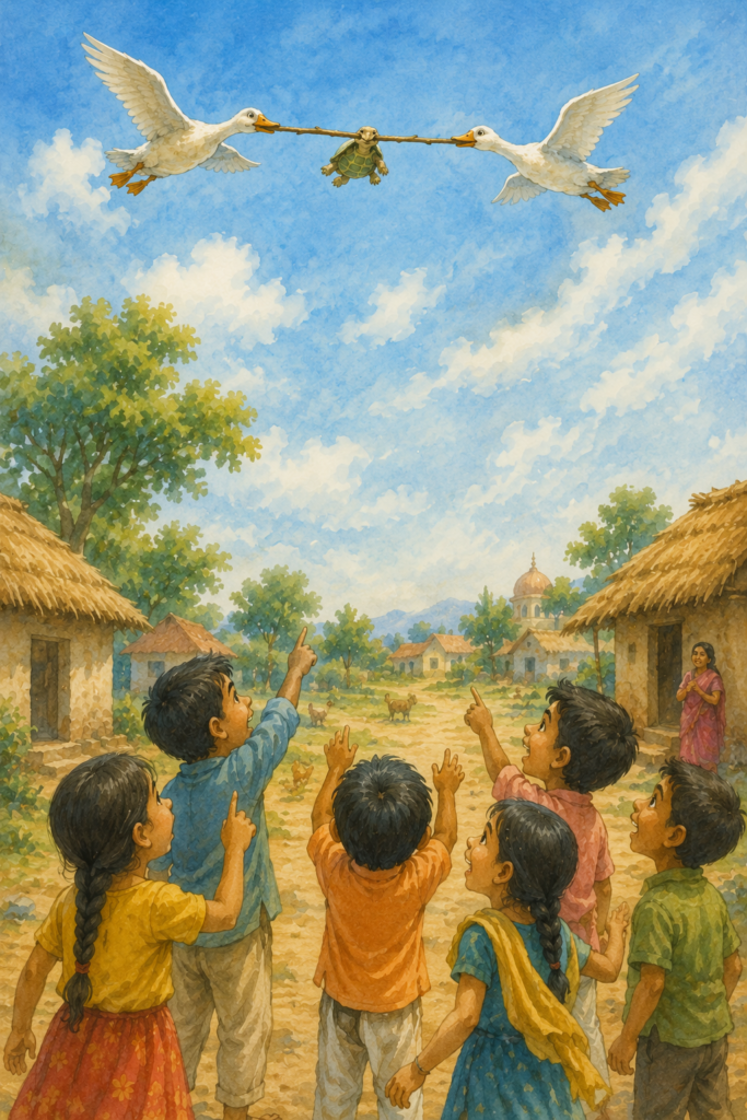 Children watching flying tortoise and geese