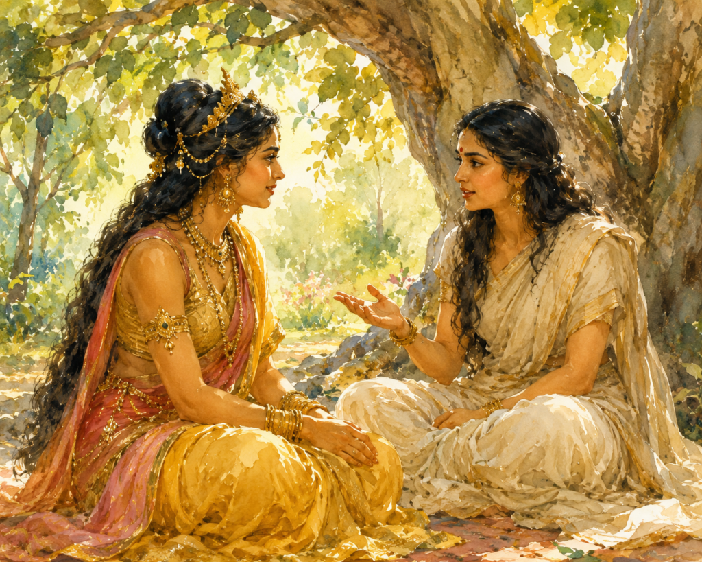 Draupadi sharing wisdom with Satyabhama