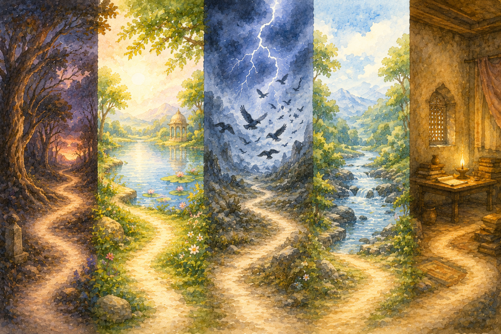 A winding forest path passes through five changing landscapes, from dark woods to a quiet lamp-lit room, representing a symbolic journey.