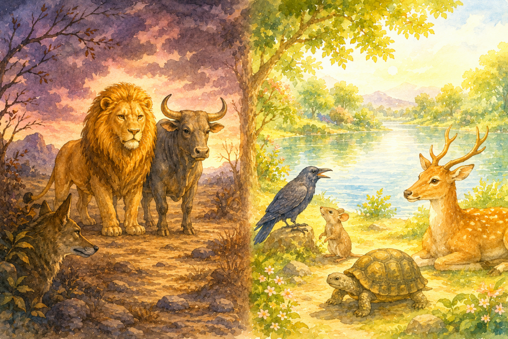 A split scene contrasts a lion and bull watched by a hidden jackal under dark skies with four animal friends gathered peacefully beside a sunny lake.