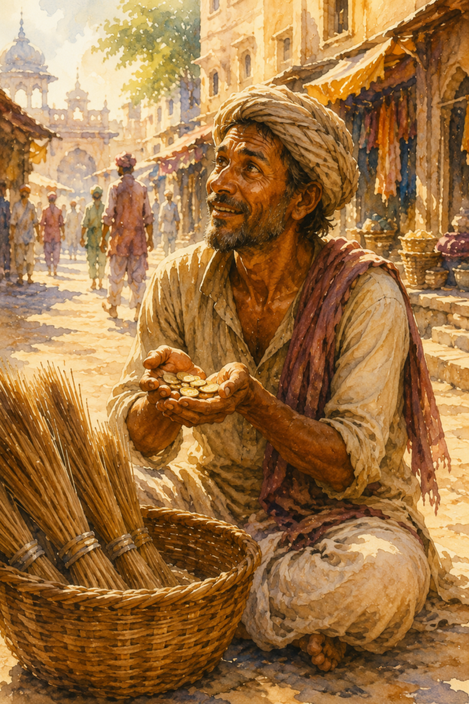 The broom-seller sits quietly holding a modest handful of coins, his thoughtful expression revealing a new sense of hope and possibility.