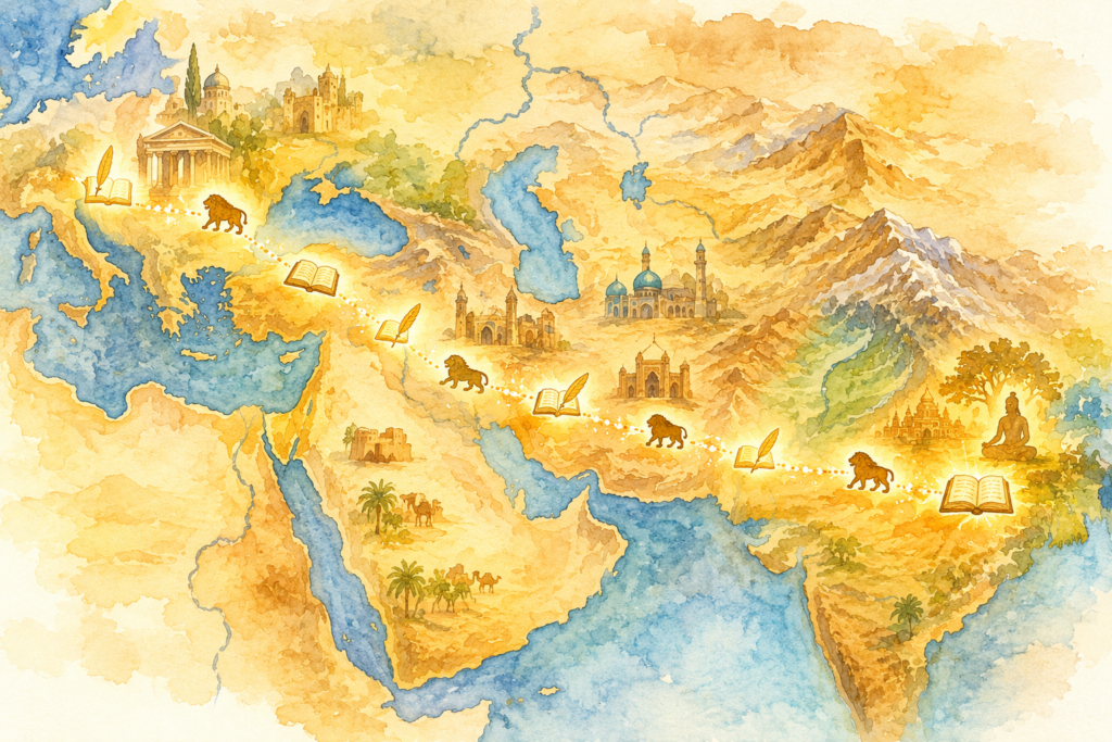 An antique map-style illustration shows glowing story symbols travelling from ancient India through Persia and Arabia toward Europe.
