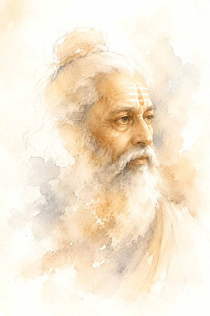 A half-finished watercolor portrait of an old Indian scholar gradually dissolves into mist, suggesting mystery and forgotten history.