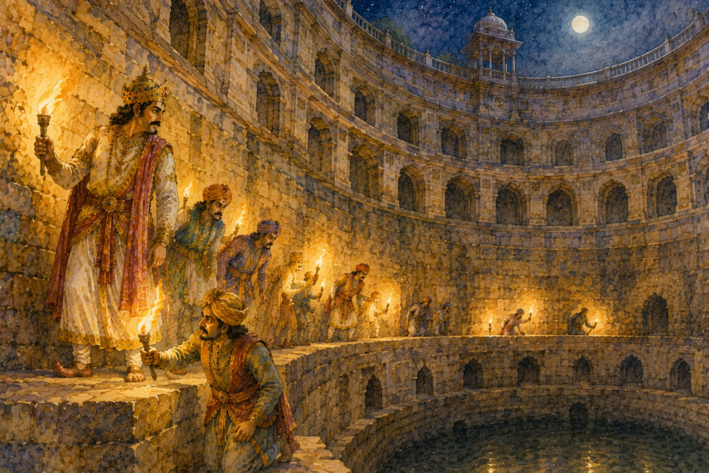 A king and his courtiers search the walls of a massive stone cistern by torchlight during the night.