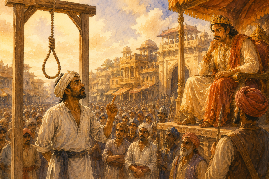 A calm washerman stands beneath the gallows before a gathered crowd, looking up at the king as he speaks a truth that leaves the entire court in suspense.