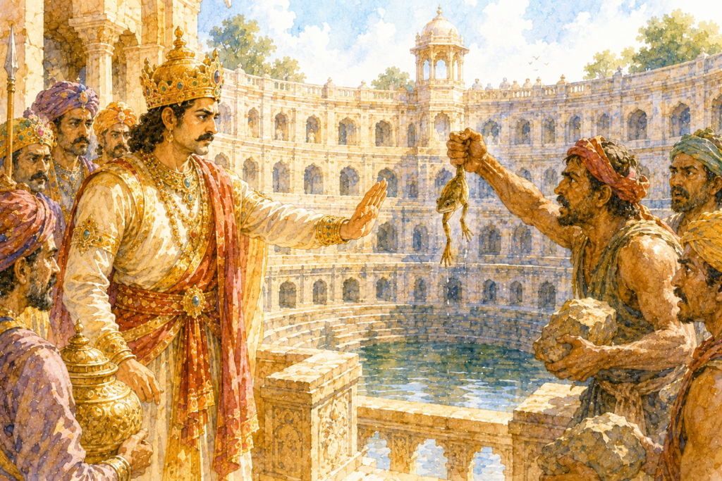 A king stops workmen from throwing away a small frog, recognizing its importance as they stand beside the great stone cistern.