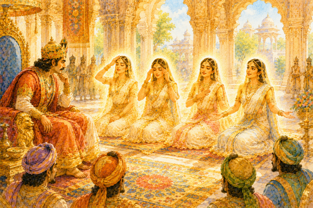 Four glowing women sit before a king, each making a different symbolic gesture as he listens attentively.