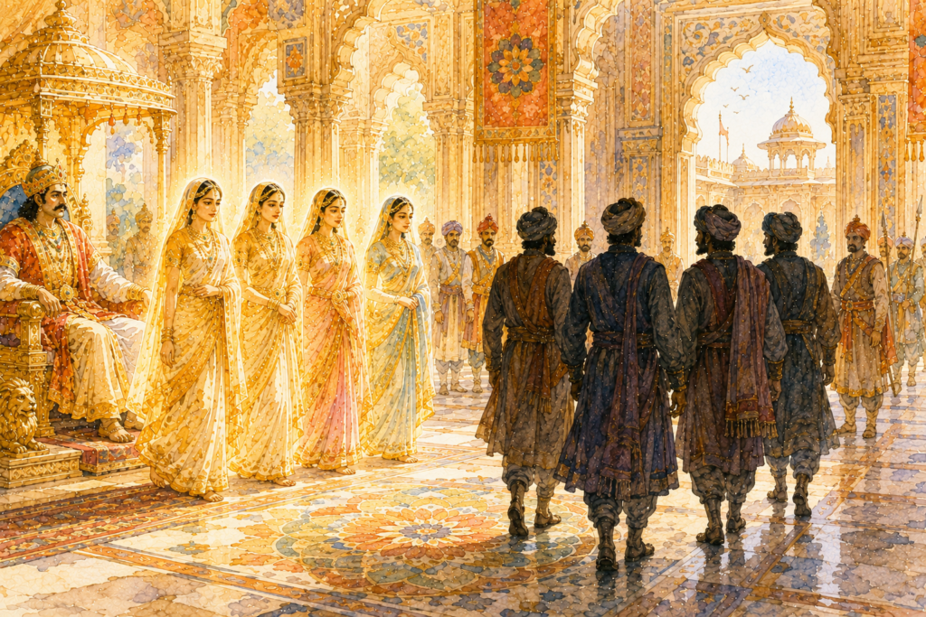 Four radiant women quietly leave the royal court as four shadowed men enter, passing each other before the king.