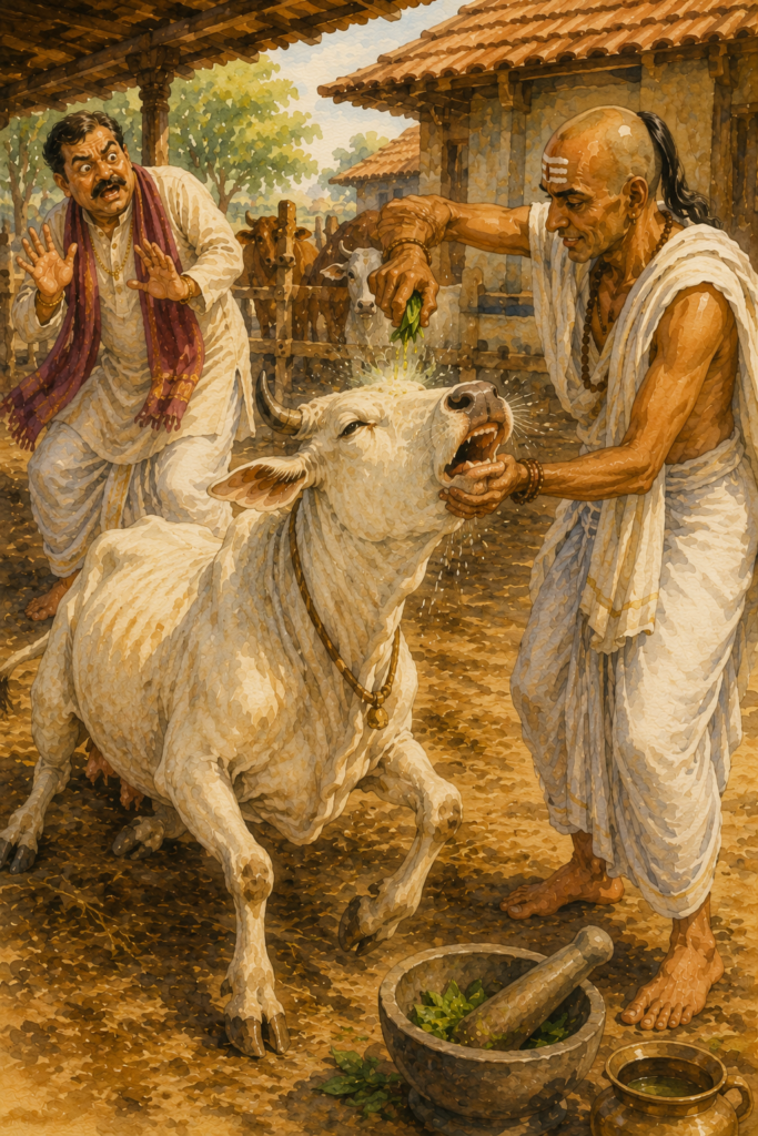 A Brahmin squeezes herbal juice into a sick cow's nostrils, causing it to recover and rise while the horrified landlord watches in disbelief.
