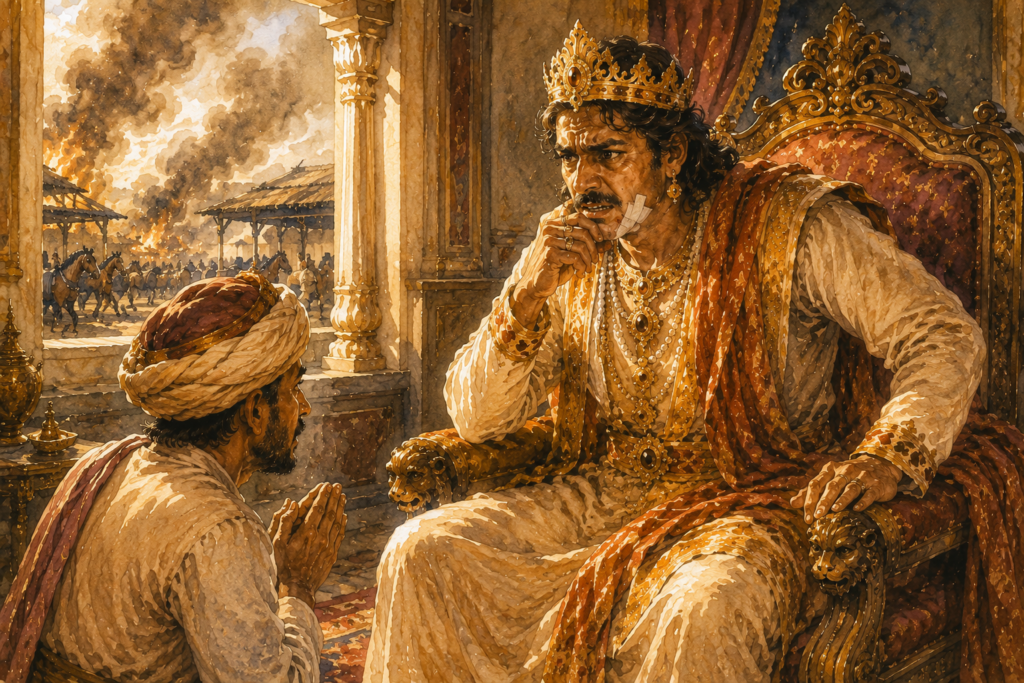 A distressed king wearing a bandage on his chin listens to a kneeling messenger as smoke from burning stables rises outside the palace window.