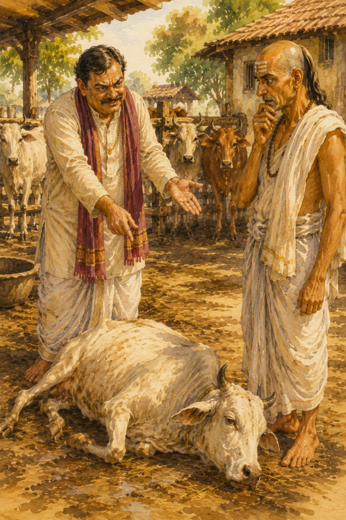 The landlord ceremoniously presents the dying cow to a Brahmin, whose expression changes from hopeful expectation to instant understanding of the deception.