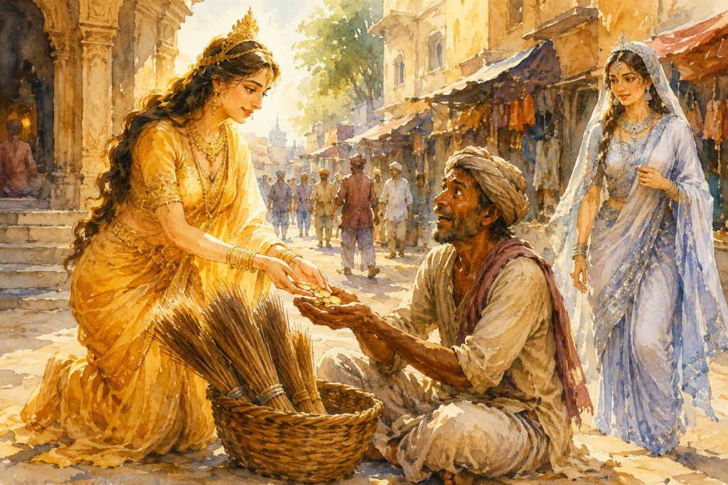 A compassionate goddess presses coins into a grateful broom-seller's hands after buying all of his brooms, while her sister watches thoughtfully nearby.