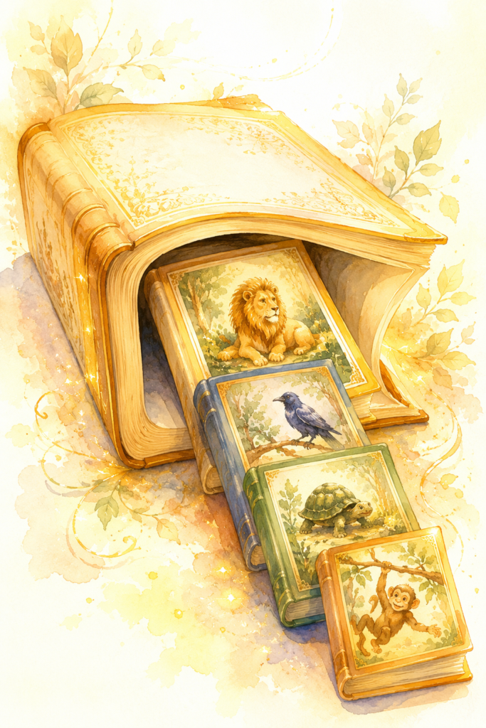 An open storybook releases a series of smaller glowing books, each showing a different animal tale, creating a magical nested-book effect.