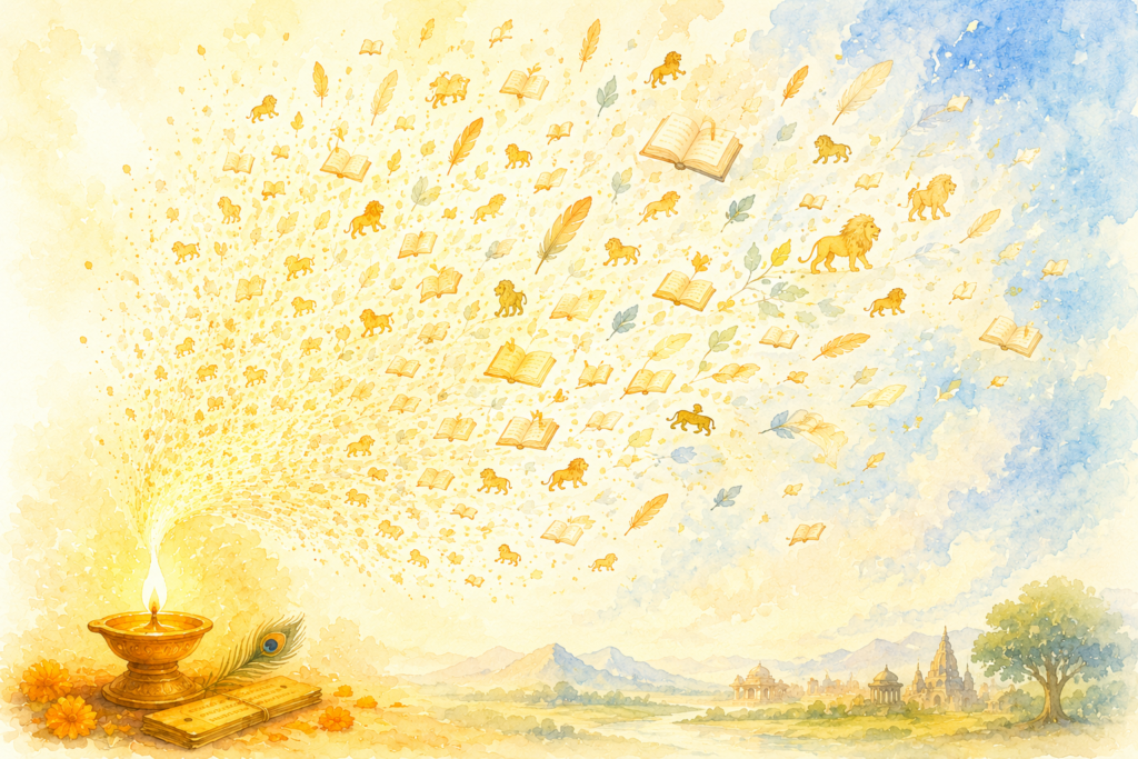 A glowing candle sends feathers, books, and lion symbols drifting through the air like seeds, symbolising stories spreading across generations.