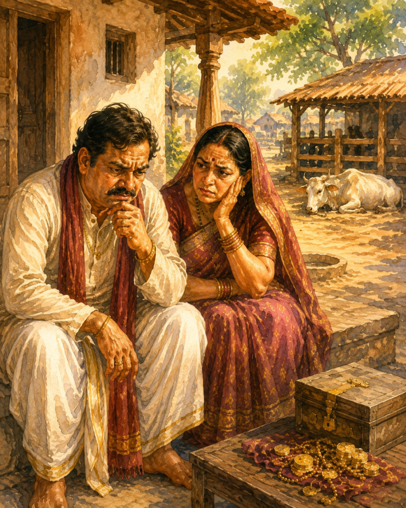 A miserly landlord and his wife sit anxiously on their veranda as a sick cow rests in the yard, their worried faces revealing concern for wealth rather than the animal.