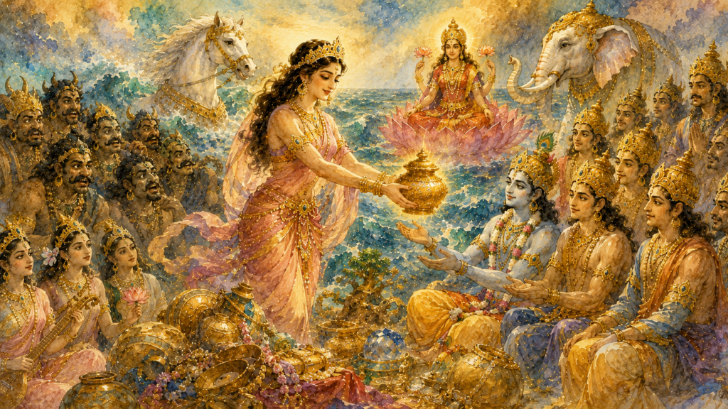 Mohini gracefully serves the pot of amrita to the seated gods as enchanted demons look on, while Lakshmi, the celestial horse, the divine elephant, and other treasures surround the scene.